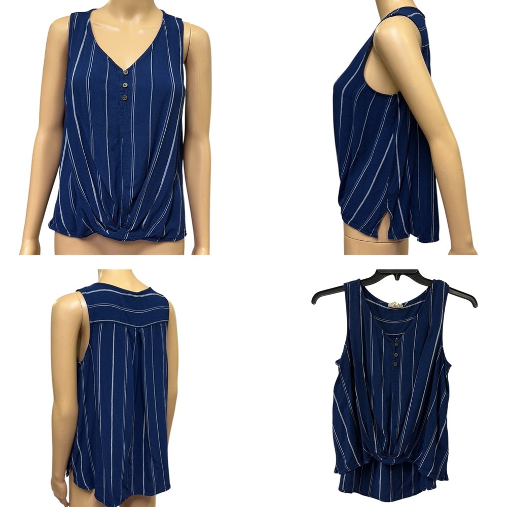 a.n.a Blue Rayon V Neck Sleeveless Striped Twist Front Tank Blouse Womens Large